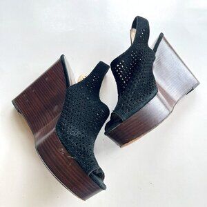 Coach Shoes Black Chasity Perforated Mesh Sling back Wedge Platform Heel Sz 9.5B